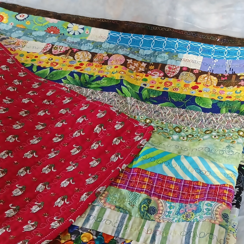 Vintage throw two-sided quilt,  multi-textiles fabrics